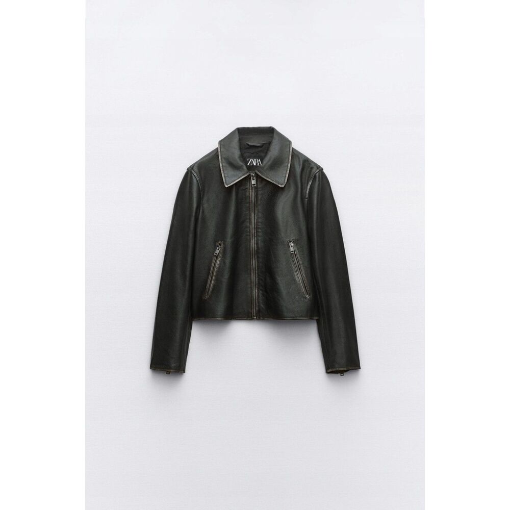 Black Brown Zara 100% Leather Distressed Vintage-Look Zipper Moto Jacket (NWT) - Picture 6 of 10
